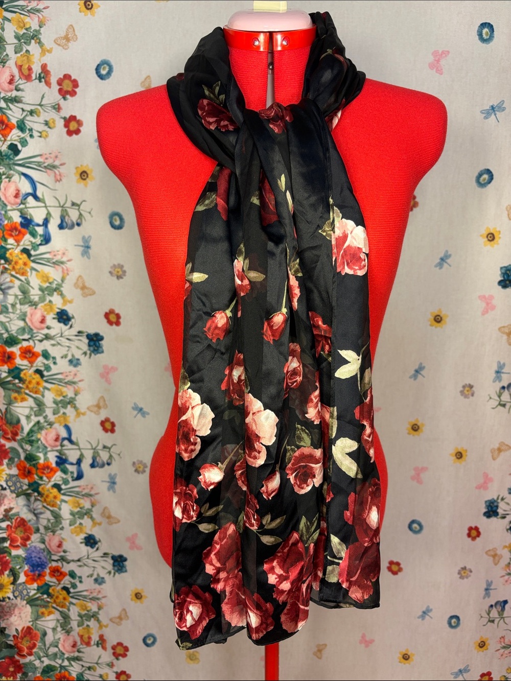 White House Black Market - 100% Silk Black Floral Rose Print Scarf w/Stripes